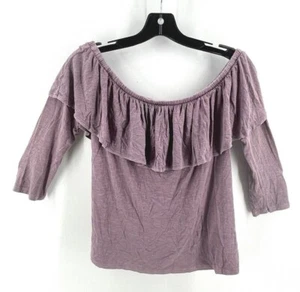 American Eagle Women's Purple Soft T Shirt Top Medium Elastic Ruffle Neckline - Picture 1 of 9