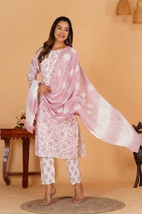 Beautiful cotton fabric printed kurti with pant and dupatta set, kurti set dress - Picture 1 of 4