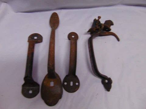 (4) vintage Metal door pull handles all different 11" 9" 7 1/2" with latch Cover