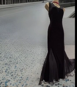Alex & Co Stretch Silky Velvet & Mesh Dress UK 14 Black Sequin Dramatic Maxi - Picture 1 of 18