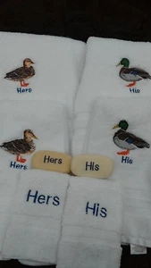 his and hers couples duck bathroom towel set embroidered soap country rustic  - Picture 1 of 7