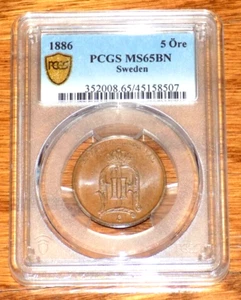 SWEDEN Oscar II 5 Ore 1886 PCGS MS 65 BN CERTIFIED GRADED SWEDISH GEM UNC COIN - Picture 1 of 4