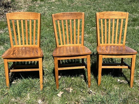 Vintage Solid Oak School Banker Office Or Dining Chairs, Set Of 3 Cover