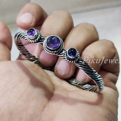 Bracciale rigido da donna in argento sterling 925 con ametista viola... - Immagine 1 di 4