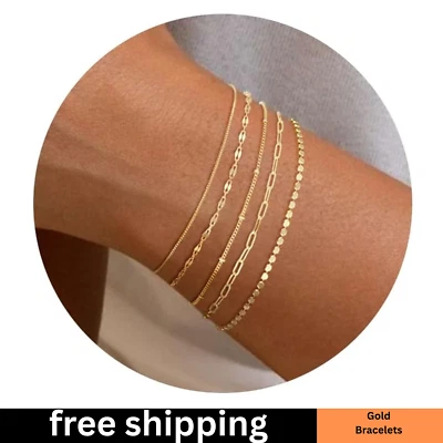 Pulseras de oro para mujer, delicadas pulseras apilables chapadas en oro de 14K para mujer T Foto 1 de 4