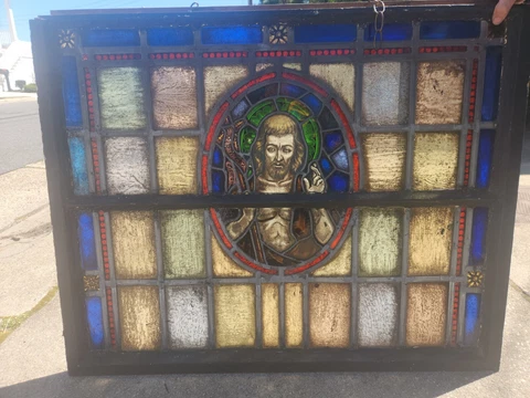 Vintage antique  leaded Stain Glass church window cast iron frame Early 1900s Cover