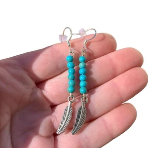 Sterling Silver Turquoise Beaded Feather Earrings Native American Style Jewelry - Picture 1 of 6
