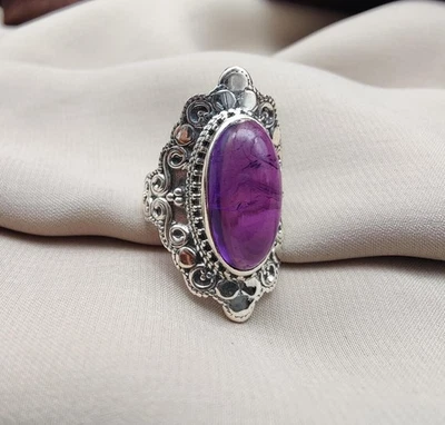 Solid 925Sterling Silver Natural Amethyst Gemstone Ring Handmade Minimalist Gift - Image 1 of 4