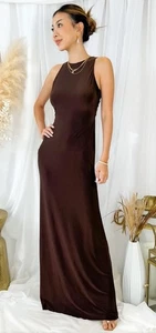 NUEVO CON ETIQUETAS Talla M MISA PARAGOLD MARRÓN MAXI VESTIDO ELÁSTICO BODYCON MUJER’S - Imagen 1 de 2