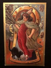 C 1911 Halloween Witch Goblins Black Cat Giant Keyhole Gold Border Stars Glitter