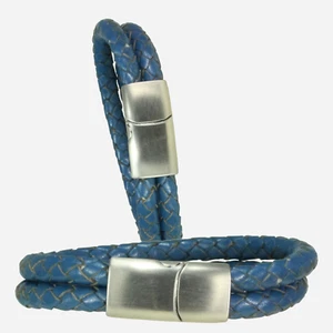 Herren-Lederarmband doppelt BLAU-DENIM Verschluss Silber brüniert aus Edelstahl - Bild 1 von 4