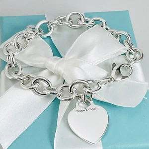 7.75" Tiffany & Co Engravable Blank Heart Tag Charm Bracelet in Sterling Silver - Picture 1 of 6