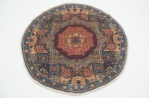 3 x 3 Fuß Marineblau Mamluke Türkisch Handgeknüpft Medaillon Rund Teppich - Bild 1 von 12