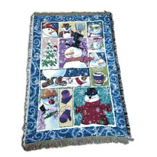 Crown Crafts Tapestry Throw Blanket 42x64 Snowmen Fringed Blue Multicolor Winter