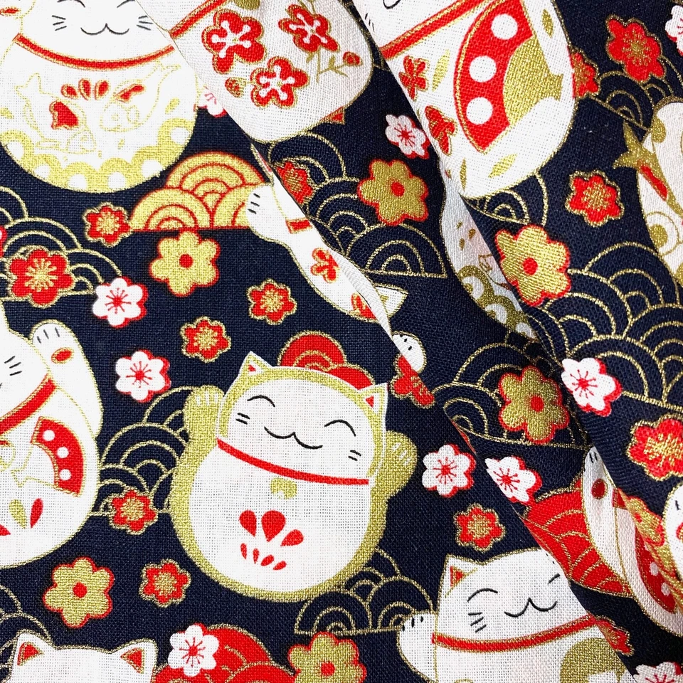 1/2 Yard Japanese Fortune Cat Maneki Neko With Metallic Gold Cotton Fabric  - image 1 of 4