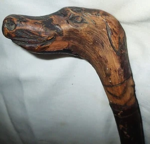 ANTIQUE 34 " CANINE DOG HEAD HAND CARVED WOOD MAN WALKING STICK STAFF CANE TOOL - Picture 1 of 17
