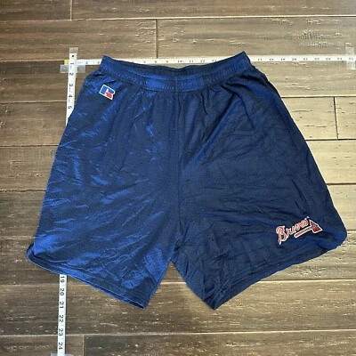 Pantalones Cortos Vintage Atlanta Braves Malla Russell Años 90 EE. UU. Azul Marino Calentamiento Foto 1 de 4