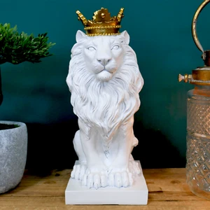 Lion Ornament Statue Large 29cm Gold Crown Resin Regal Figure White Finish - Picture 1 of 6