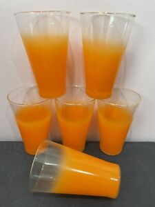 4+2 6 BLENDO Orange FROSTED Glasses GOLD RIMS  12 oz Tumblers VINTAGE