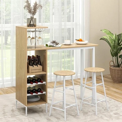3 Piece Bar Table Set with Wine Racks & Stools, Natural Wood Steel Frame Sets - Image 1 of 4