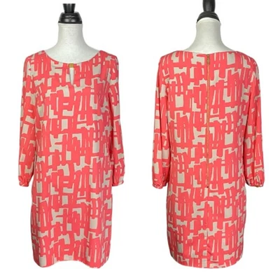 Vestido feminino Tahari ASL 8 estampa coral e cinza com cinto manga 3/4 - Imagem 1 de 4