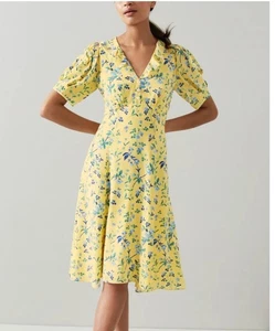 LK BENNETT YELLOW APPLE BLOSSOM PRINT SILK Royal Ascot Dress size 18 rare NWT - Picture 1 of 12