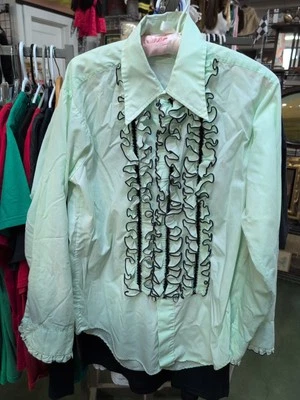 Vintage 60s 70s Tuxedo Shirt Men's Palm Beach Dress Ruffles Retro Prom GREEN M1 - Image 1 of 4
