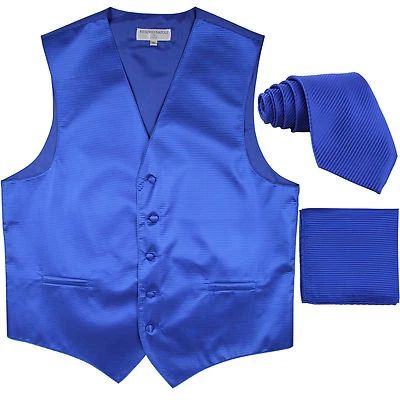 New Men's Horizontal Stripes Tuxedo Vest Waistcoat_tie & hankie Set royal blue - Image 1 of 4