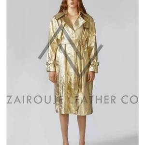 Leder Trenchcoat für Damen, Damenmäntel in Metallicgold, kostenloser Versand USA - Bild 1 von 10