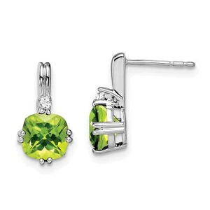 14k White Gold Cushion Peridot and Diamond Earrings - Picture 1 of 7