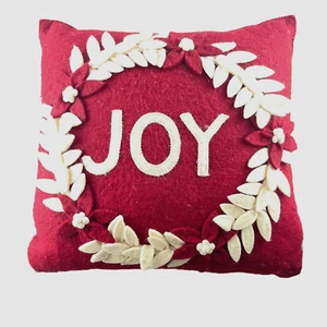 Arcadia Home Hand Felted Pillow JOY Christmas Holiday Wreath Red 20x20 inch - Picture 1 of 7