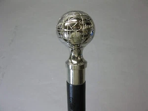 Vintage Antique Brass Globe Designer Head Handle Black Wooden Walking Stick Cane - Picture 1 of 11