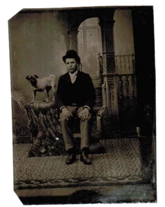 RARE AMAZING ORIGINAL ANTIQUE TINTYPE PHOTO PUG DOG WITH MAN IN TOP HAT 2.5X3.5 - Picture 1 of 1