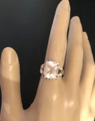 Anillo de plata 925 corte ovalado natural 10x10 mm cuarzo rosa pavé y zafiros blancos Foto 1 de 4