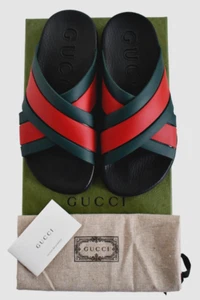 🆕️GUCCI Black/Green/Red WEB STRIPE RUBBER SLIDE Sandals Women's Shoes EU-38 US8 - Picture 1 of 10