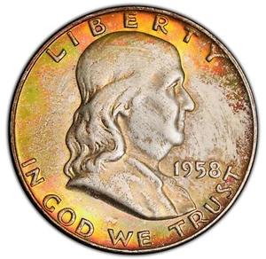 1958-D Franklin Half - PCGS MS67 - SPECTACULAR TONING ! AMAZING! - Picture 1 of 5