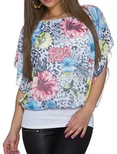 Sexy Ladies Chiffon Pump Blouse Shirt Short Valance Sleeve 34/36/38 Top Flower - Picture 1 of 3