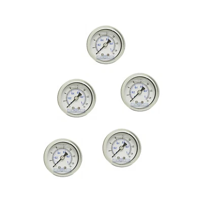5 PACK LIQUID FILLED PRESSURE GAUGE 0-15 PSI, 1.5" FACE, 1/8" NPT BACK MOUNT - Image 1 of 3