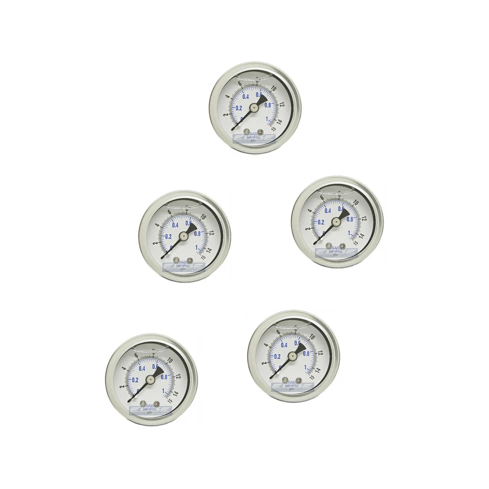 5 PACK LIQUID FILLED PRESSURE GAUGE 0-15 PSI, 1.5" FACE, 1/8" NPT BACK MOUNT - Image 1 of 3