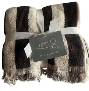 Loft Brown Beige Set Of 2 Hand Towels Reversible Stripe Fringed 100% Cotton - Picture 1 of 7