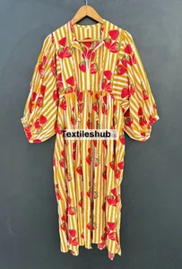 Cotton Yellow Striped Fruit Print Maxi Gown, Deep Neck Dress Women's Clothing US - Picture 1 of 5