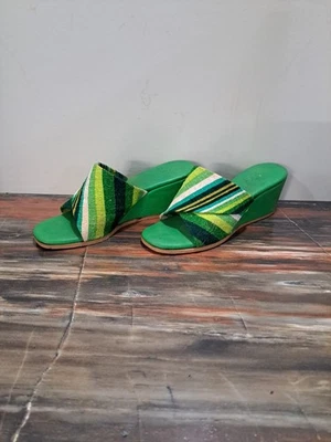 Vtg 70s Sz 6/6.5 Women’s Green Stripes Wedge Heel Sandals Shoes Rubber Soles GUC - Image 1 of 4