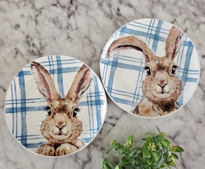 Pair of Henry Bunny Salad Plates - Pier 1 Imports - blue plaid plate set -... - Image 1 of 4