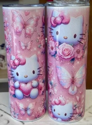 PENTHOUSE BEAUTY HELLO KITTY PINK BUTTERFLY FLOWER 20 OZ STAINLESS STEEL TUMBLER CUP + LID/STRAW