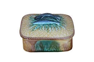 Antique Majolica Adams & Bromley Pineapple Basketweave Sardine Fish Box 6" - Picture 1 of 10