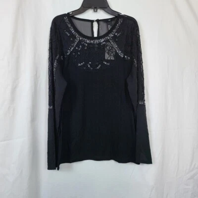 H&M 女式黑色串珠亮片雪纺长袖晚礼服 M 新派对 — 第 1/4 张图片