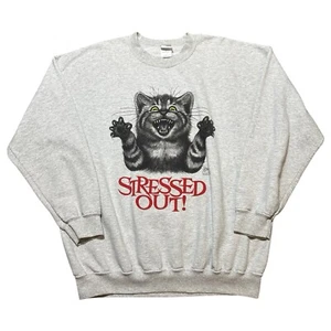 Vintage Bob Harrison Stressed Out Cat Gray Gildan Sweatshirt, XL - Picture 1 of 6