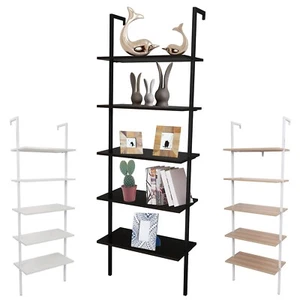 5-Tier Modern Ladder Shelf Wood Shelves w/ Metal Frame Wall Mount Bookcase Rack - Picture 1 of 25