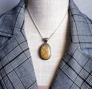 Vintage 925 Sterling Silver BUMBLEBEE JASPER Cabochon Oval Pendant Boho Hippie - Picture 1 of 9