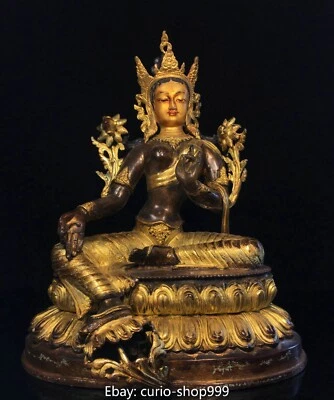 13.7" Antiguo Tíbet Bronce Dorado Budismo Asiento Loto Verde Tara Diosa Buda Estatua Foto 1 de 4